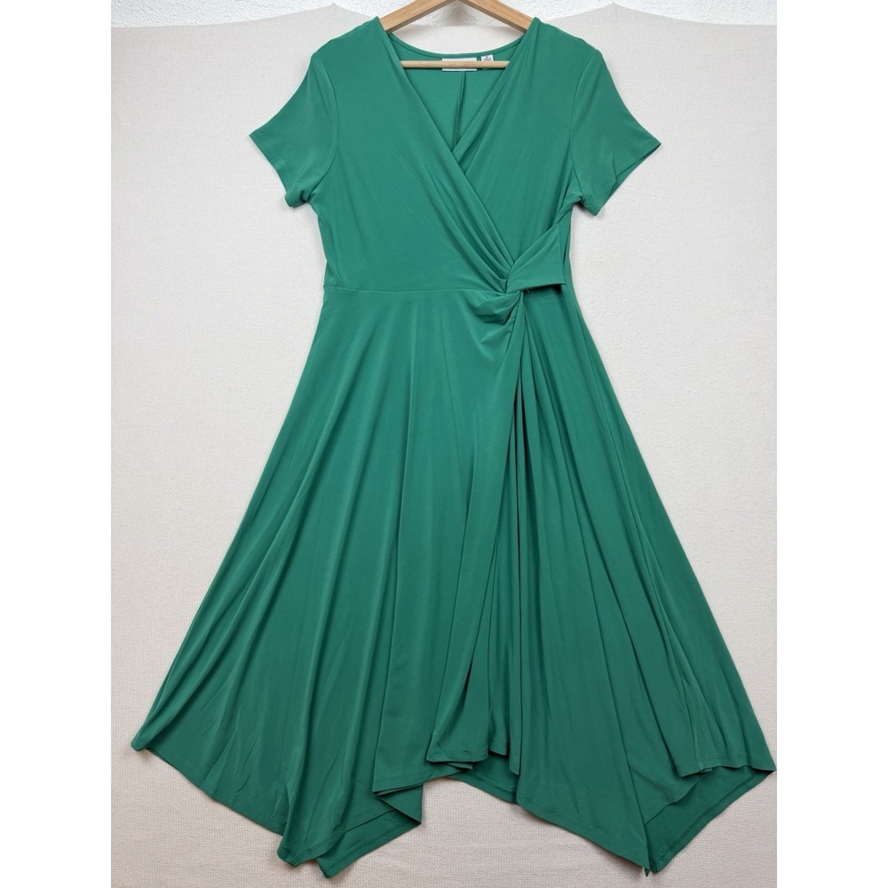 Nina Leonard Women's Faux Wrap Midi Dress Green Size M Shark Bite Hem A-Line - Picture 12 of 16